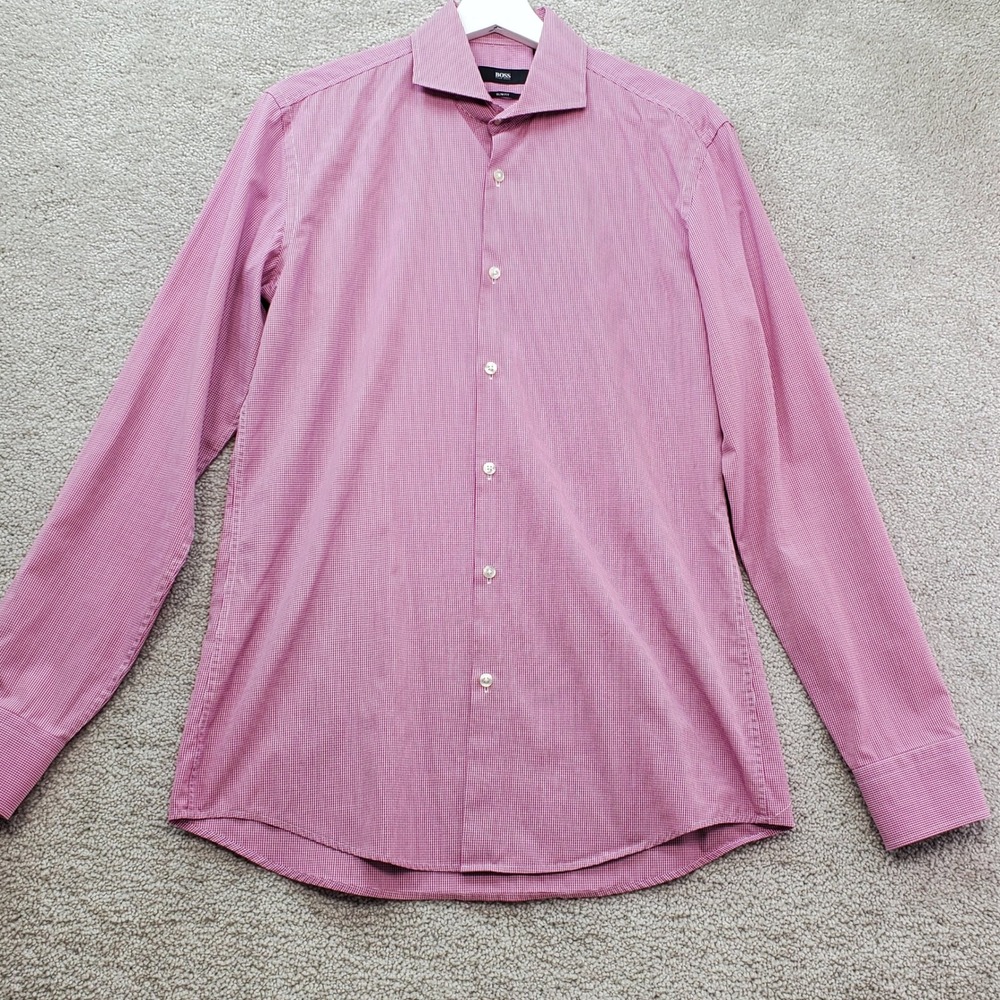 Hugo Boss Dress Shirt Mens 15.5 Pink‎ Micro Check Slim Fit Long Sleeve Button Up
